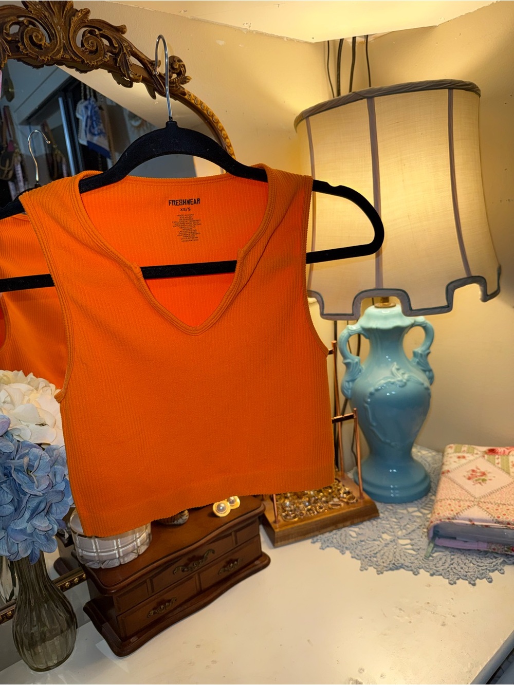 Freshwear Orange Ribbed V-Neck Cropped Tank